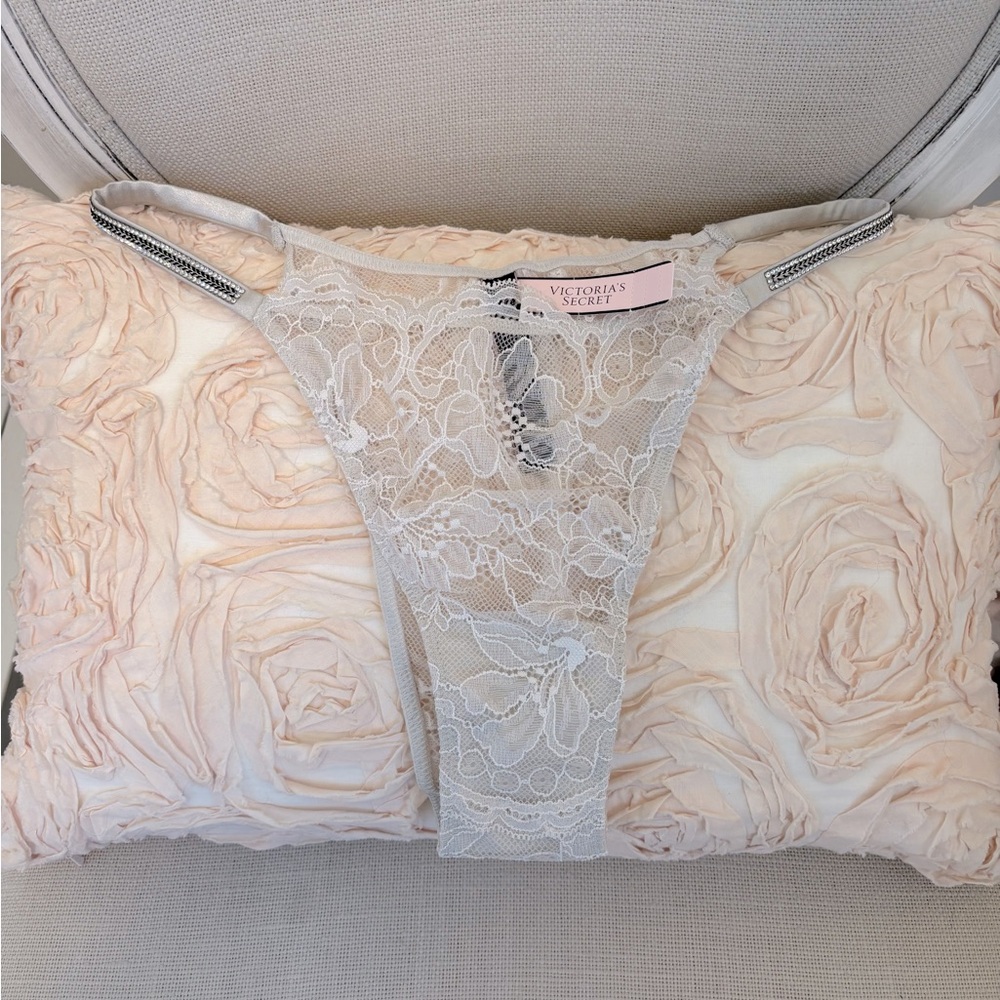 💎Victoria's Secret Embellished Silver Lace Brazilian Panty.  Size M.